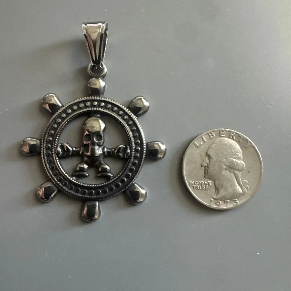 Skull Skeleton Nautical Ship Stainless Steel Pendant 24 Inch Box Chain Captain